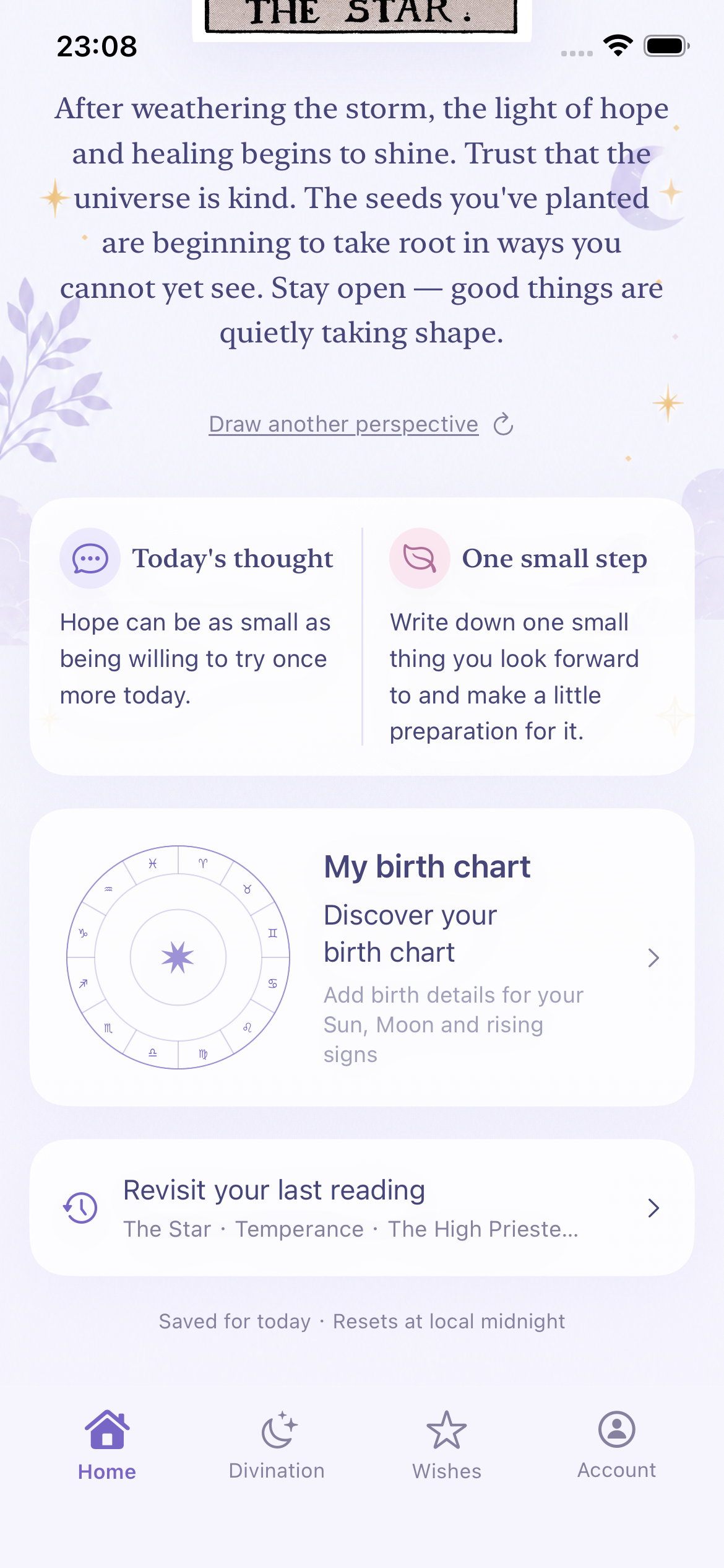 Daily reflection, small action and birth chart entry
