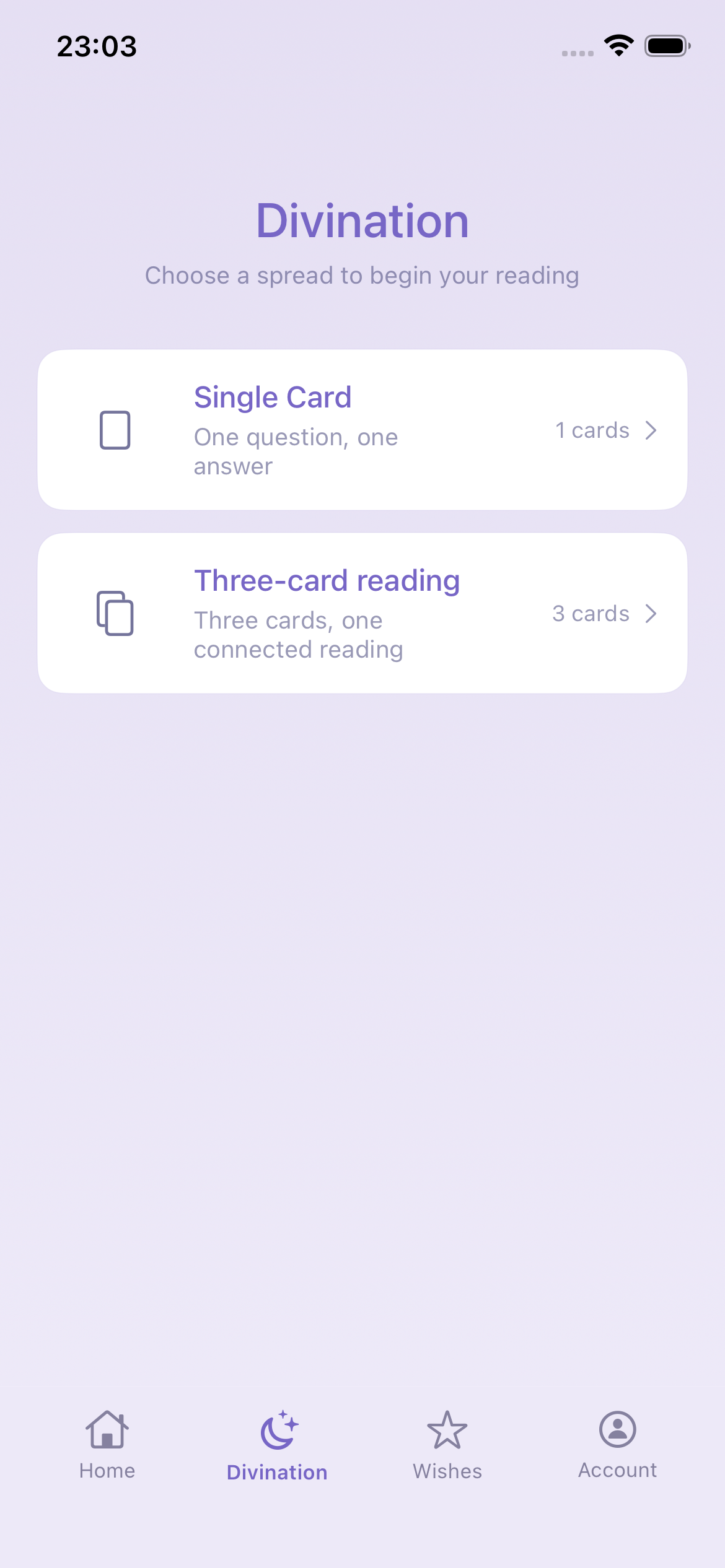 Single-card and three-card reading choices