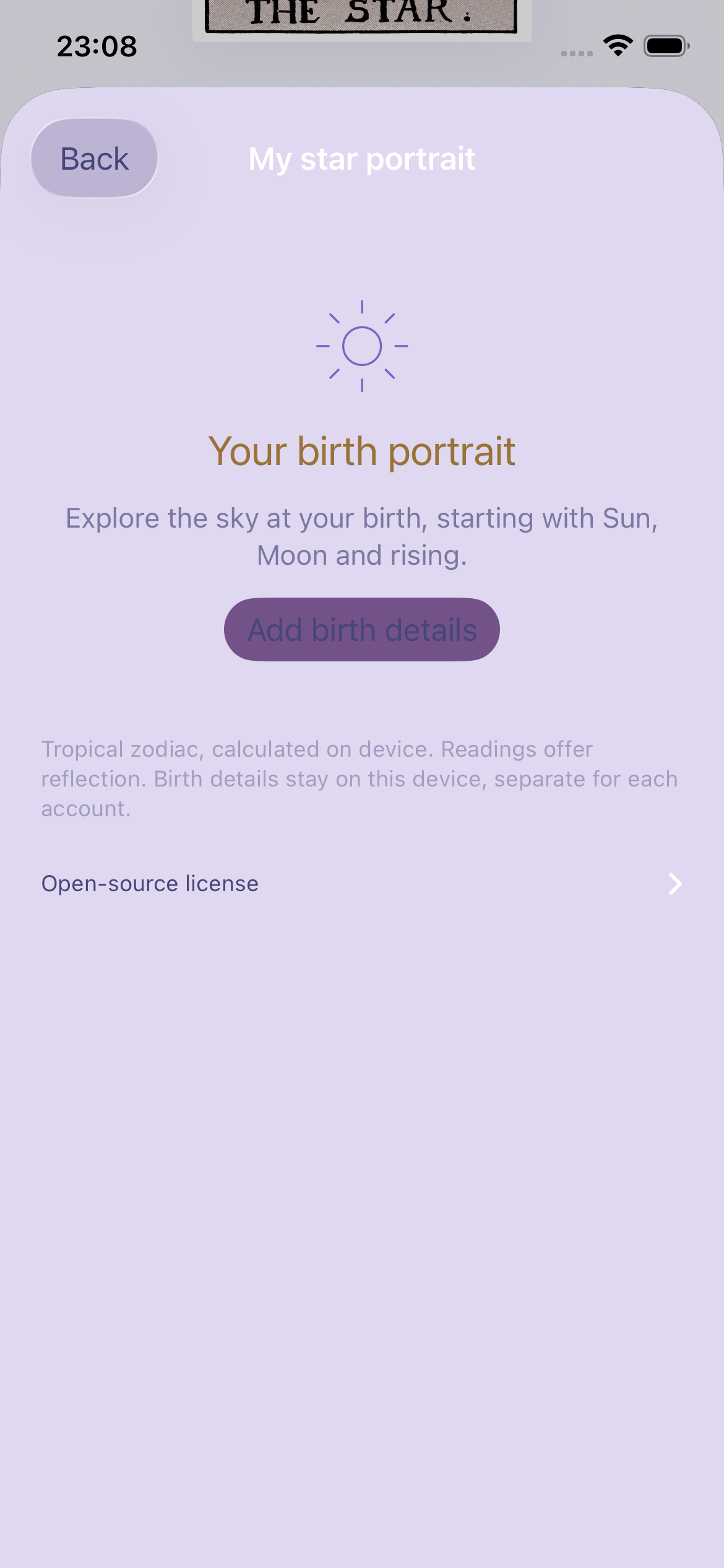 Birth chart setup screen